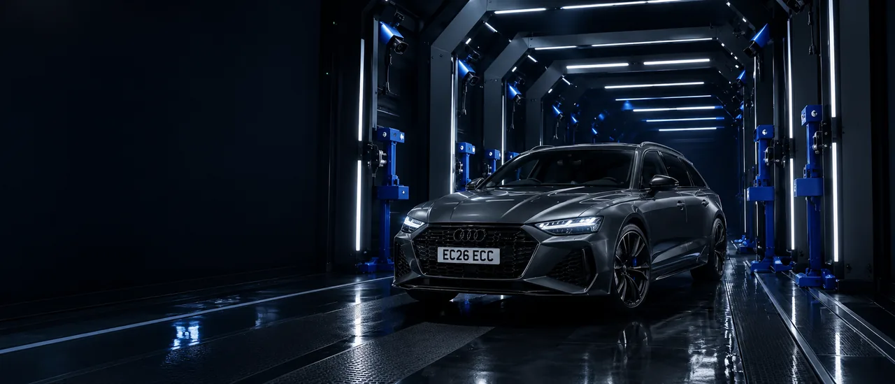 Graphite Audi RS6 Avant inside a cool-blue vehicle inspection tunnel lined with camera pillars, fitted with a UK EC26 ECC number plate.
