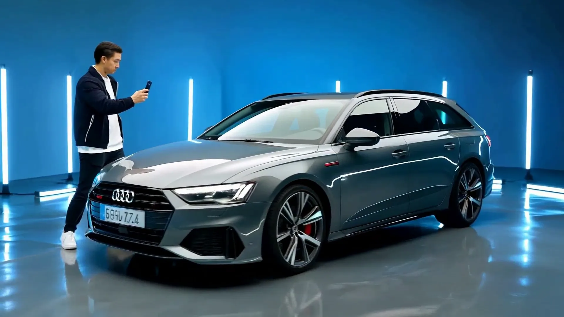 Staged walkthrough still: the eight guided capture angles marked around the car.